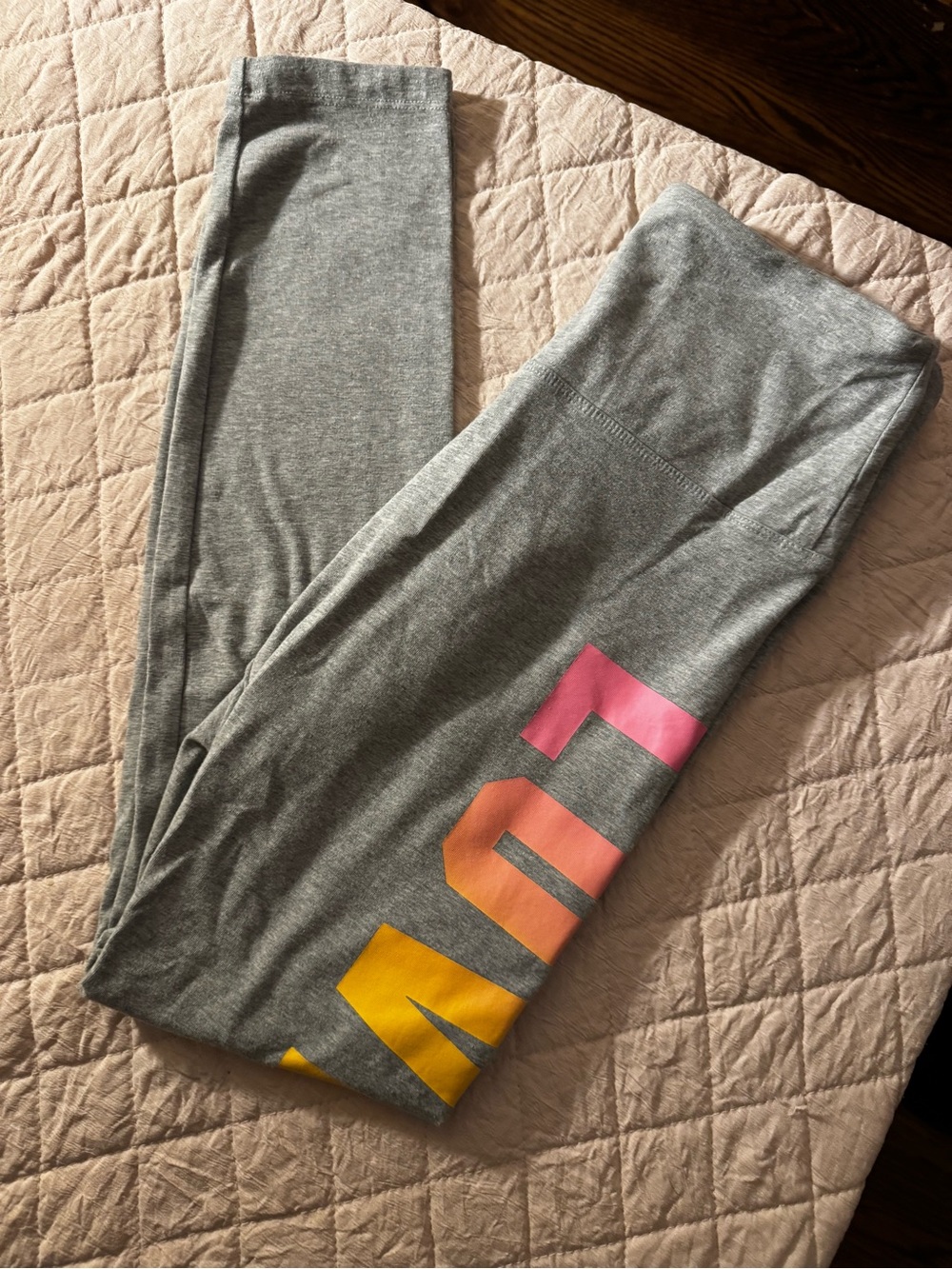 PINK Victoria's Secret Gray Leggings with Pink-Orange-Yellow Logo